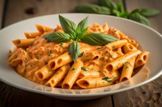 a white bowl filled with pasta covered in sauce and garnished with green leaves