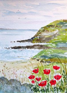 watercolor painting of red flowers by the ocean