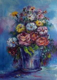 a painting of flowers in a silver vase on a blue tablecloth with white and pink colors