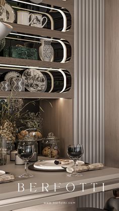 a dining room table with plates and silverware on it, next to an open shelf