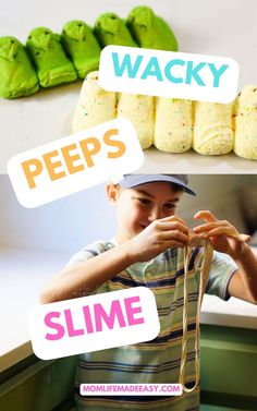 A promotional collage of peeps candy and a child stretching the slime made out of the peeps Sensory Slime, Slime Science, Science Activity For Kids, Edible Slime Recipe, Peeps Marshmallow, Marshmallow Candy, Peeps Candy, Slime Ingredients, Edible Slime