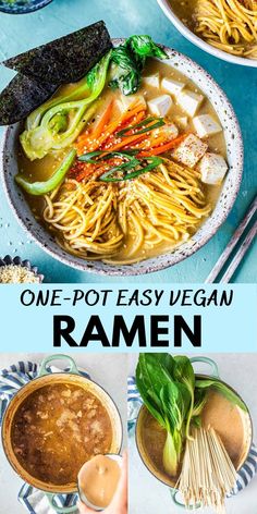 one pot easy vegan ramen with noodles, broccoli and carrots