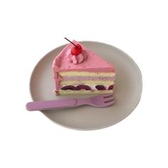 a piece of cake on a plate with a fork next to it and a pink plastic fork