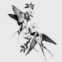 black and white drawing of two hummingbirds flying over flowers on a branch with leaves