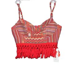 This Item Measures 32" At The Bust Before Stretch And 15" In Length. This Item Comes From A Smoke-Free Home. If You Are Unsatisfied For Any Reason, Please Contact Me Prior To Leaving Feedback. I Will Work With You If You Are Not Satisfied. Menz Red Crop Top For Summer Festivals, Red Sleeveless Crop Top For Beach, Bohemian Red Summer Crop Top, Red Bohemian Crop Top For Festivals, Fitted Red Crop Top For Beach, Fitted Red Crop Top For Vacation, Cider Tops, Zip Crop Top, Red Fringe