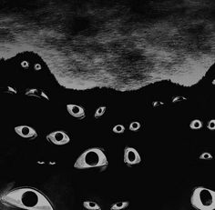 black and white drawing of cats with eyes in the dark, looking like they are staring at something