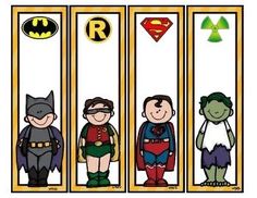 three bookmarks with superheros on them and the words r is for adventure written below