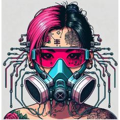 a woman with pink hair wearing a gas mask in front of her face and tattoos