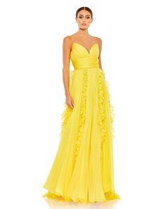 Ieena for Mac Duggal Sheer pleated chiffon overlay; 100% polyester lining Fully lined through body Sweetheart neckline Spaghetti straps Pleated bodice, skirt, and cummerbund Cascading ruffle detailing along skirt Sweeping train Concealed back zipper Approx. 62.5" from top of shoulder to bottom hem Available in Sunshine (yellow), Red, White, and Powder Blue (light blue) Style #49533 White Long Dress Formal, Vestidos Color Coral, Flowy Gown, Designer Formal Dresses, Spaghetti Strap Prom Dress, Pleated Bodice, Ruched Bodice, Mac Duggal, Chiffon Gown