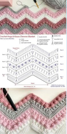 crochet hugs and kisses chevron blanket pattern is shown in pink, grey and white