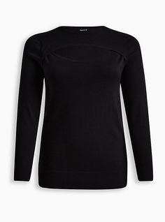 FIT Measures 30” from shoulder (size 2). MATERIALS + CARE Rayon yarn knit fabric. . 70% rayon, 30% nylon jersey. . Machine wash cold. Line dry. . Imported. DETAILS Crew neckline. . Long sleeves. . Chest cutout. . The best plus size women's pullover fitted sweater sweaters in black made of sexyyarn. Torrid is your destination for cozy fall and winter clothes to keep you warm and comfortable. Chambray Jacket, Doll Blouse, Black Plus Size, Tight Sweater, Cold Shoulder Long Sleeve, Black Hot Pink, Key Hole, Fitted Sweater, Sweater Black