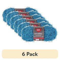 six blue scribble yarns are shown with the text 6 pack on it