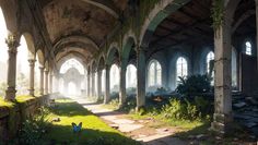 the inside of an abandoned building with lots of windows and plants growing on the ground