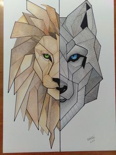 two drawings of lions with blue eyes and one is made out of colored paper on a wooden table