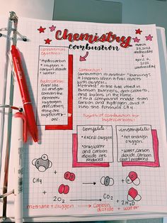 a notebook with some writing on it and a red pen next to the page that says, chemstory combustent