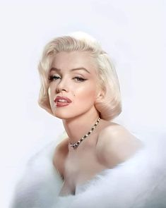 a woman with blonde hair wearing a white fur coat and diamond necklace, looking off to the side