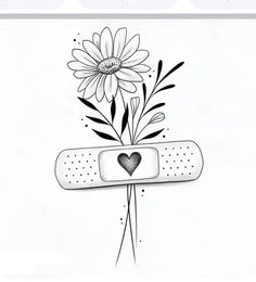 a black and white drawing of a flower with a bandage on it's side