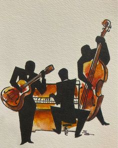 two men playing instruments in front of a piano and keyboard, watercolor on paper