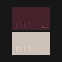 two business cards with the word'tala'in white and maroon on them