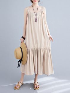 Material >70% Cotton Style Loose Feature Pleated, Solid Color Neckline Spaghetti-neck Occasion Casual, Simple, Leisure Fashion Seasons Summer Type Midi Dresses Color KHAKI, BEIGE, BLACK Size One Size Midi Dress Pattern, Belt Pocket, Linen Coat, Long Sleeve Outfits, Leisure Fashion, Half Sleeve Dresses, Lace Patchwork, Summer Dress Outfits, Khaki Dress