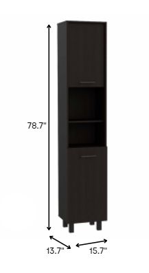 a tall cabinet with two shelves and measurements