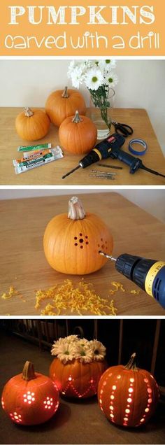 some pumpkins with holes in them sitting on a table