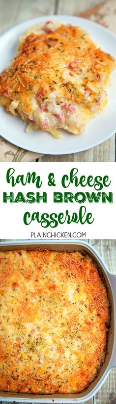 two pictures of hash browns casserole with cheese and ham in it on a white plate