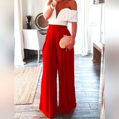 Elegant High Waisted, Wide Leg Pants With Hidden Side Zipper. Stylish Loose Fit, Front Pleat. M- Waist 28" Length 29" L- Waist Is 32, Inseam Is 29" Red High Waist Wide Leg Pants For Night Out, Red Fitted Wide Leg Pants For Night Out, Elegant Red Summer Bottoms, Elegant Red Wide Leg Pants For Summer, Elegant Red Pants For Summer, Elegant Red Summer Pants, Outfit Pantalon Rojo, Plus Size Wide Leg Pants, Wide Leg Pant Suit