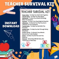 a teacher survival kit with an apple, books and school supplies on the front cover