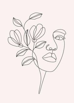 a line drawing of a woman's face with leaves on it