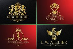 four different logos for luxury hotels and spas in gold, red, black and white