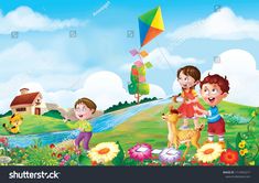 children playing with kites in the field