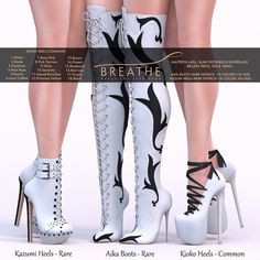 two women's high heeled boots with black and white designs on them are shown