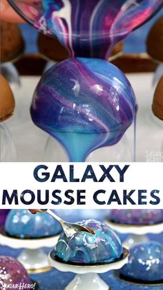 some blue and purple cakes on plates with the words galaxy mousse cakes above them