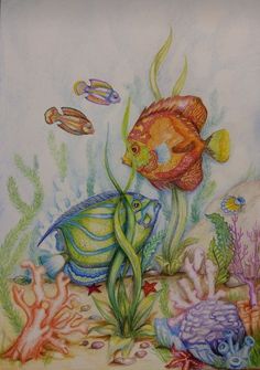 a drawing of some fish in the water