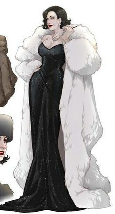 a drawing of a woman in a black dress and white fur coat, standing next to another woman