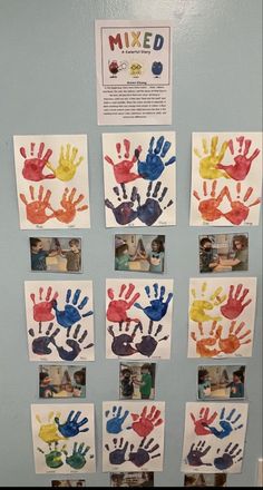 handprints are displayed on the wall in front of children's hands and pictures