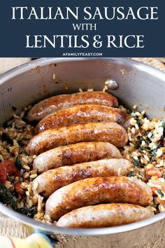 cooked sausages and rice in a pot