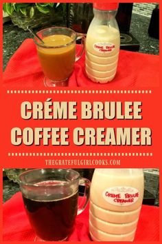 creme brulee coffee creamer is shown on a red tablecloth with two cups