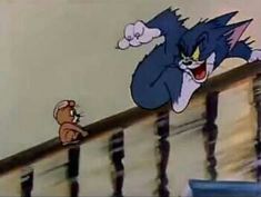 an animated cat and mouse on a stair rail