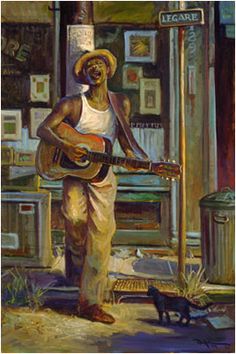 a painting of a man playing the guitar in front of a store with a cat