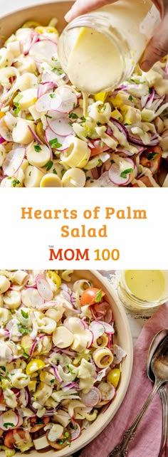 a bowl full of salad with dressing being poured into it and the words hearts of palm on