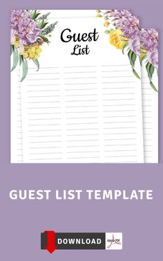 the guest list with flowers on it and text that reads guest list, in front of a