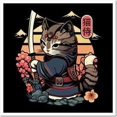 Show your love for Japanese art, samurai ninja kitten warriors and cats with this Samurai Ninja Cat illustration for women, men teens and kids.The stunning graphic in vintage Japanese samurai style, shows a Japanese cat with a sword of the samurai surrounded by leaves, flowers, volcanoes and the Japanese lettering - Samurai Cat. -- Choose from our vast selection of art prints and posters to match with your desired size to make the perfect print or poster. Pick your favorite: Movies, TV Shows, Ar Modern Day Ninja Wallpaper, Ninja Dog Art, Samurai Cat Tattoo, Cat Tat, Ninja Cats, Anime Cat