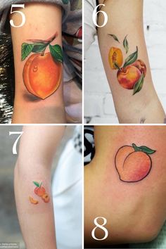 four different tattoos with oranges on each arm and one peach on the other side