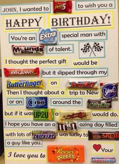 a birthday card with candy bars on it