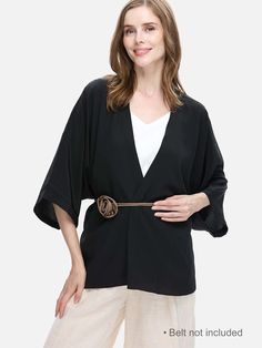 Light, fluid, and versatile, the Silk Relax Cardigan is made from 100% silk crepe, offering a subtle matte texture for added elegance. This luxurious piece feels like a soothing massage against your skin, making it the perfect blend of comfort and sophistication for any occasion. 100% Silk: At 18 momme thickness, we twist the yarns tightly and weave them into a subtle pebble-like texture for all-season comfort. Relaxed Elegance: Kimono-inspired sleeves and open sides provide easy movement. One S Elegant Open Front Tops For Workwear, Chic V-neck Kimono For Daywear, Elegant V-neck Cardigan For Loungewear, Elegant V-neck Kimono For Daywear, Elegant Wrap Cardigan For Workwear, Elegant Wrap Cardigan For Work, Elegant Summer Cardigan For Loungewear, Elegant Wrap Tops For Daywear, Elegant Spring Kimono For Workwear