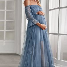 Dusty Blue Maxi Dress Sheer Tule Overlay On A Mini Dress Maternity Photoshoot Outfit Off The Shoulder Sheer Sleeve With A Slight Bell New With Tags, I Don’t See Any Flaws Girly Boho Bohemian Flowy Fun Winter Summer Maxi Dress Plus Size Formal Wedding Guest Bridesmaid Elegant Maternity Dresses, Maxi Maternity Dress, Pregnancy Looks, Ever Pretty, Maternity Maxi, Skirt Maxi, Dress Dusty, Pregnancy Maxi Dress, Flounce Sleeve