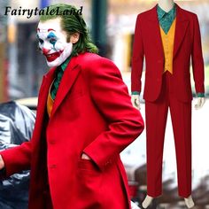 the joker cosplay is wearing a red suit and green tie