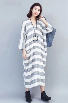 Striped Linen Maxi Dress Women Autumn Outfits 810 Women Autumn Outfits, Dress Sleeve Length, Long Sweater Dress, Summer Linen Dresses, Cotton Linen Dresses, Autumn Outfits, Linen Maxi Dress, Loose Dress, Women Clothes